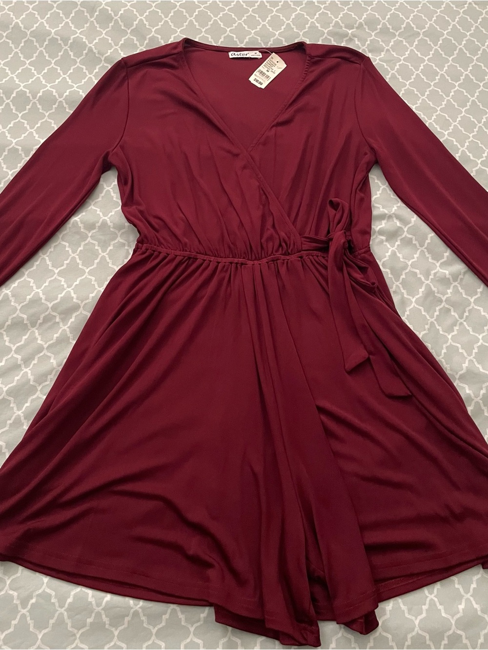 Wrap-Front Long Sleeve V-Neck Jumpsuit Romper in Burgundy - Picture 3 of 4
